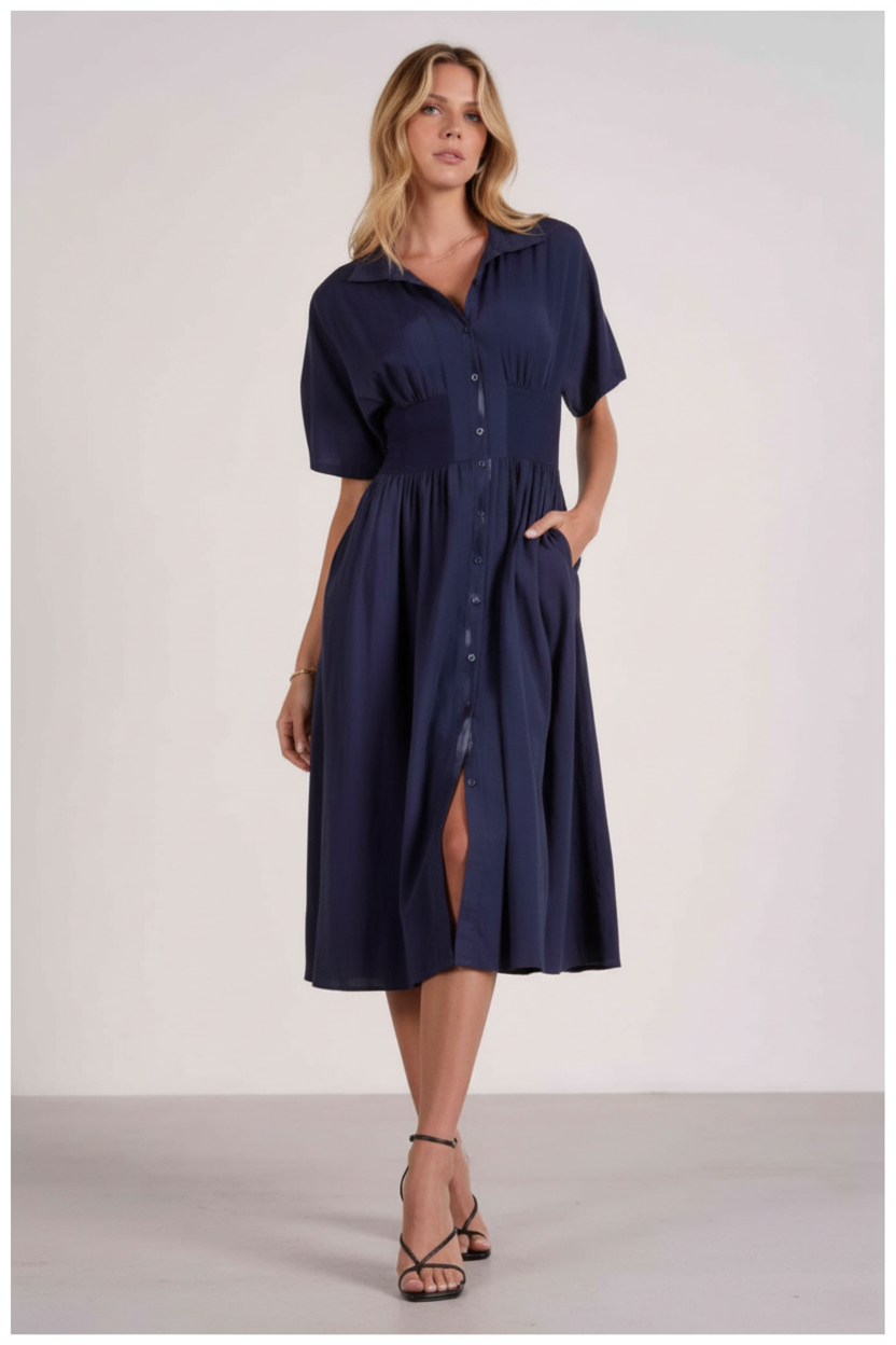 Elan Midi Short Sleeve Smocked Waist Dress  Amore & Fede